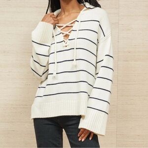 EUC La Ligne 100% Cashmere Breton Navy Ivory striped sweater pullover tie neck